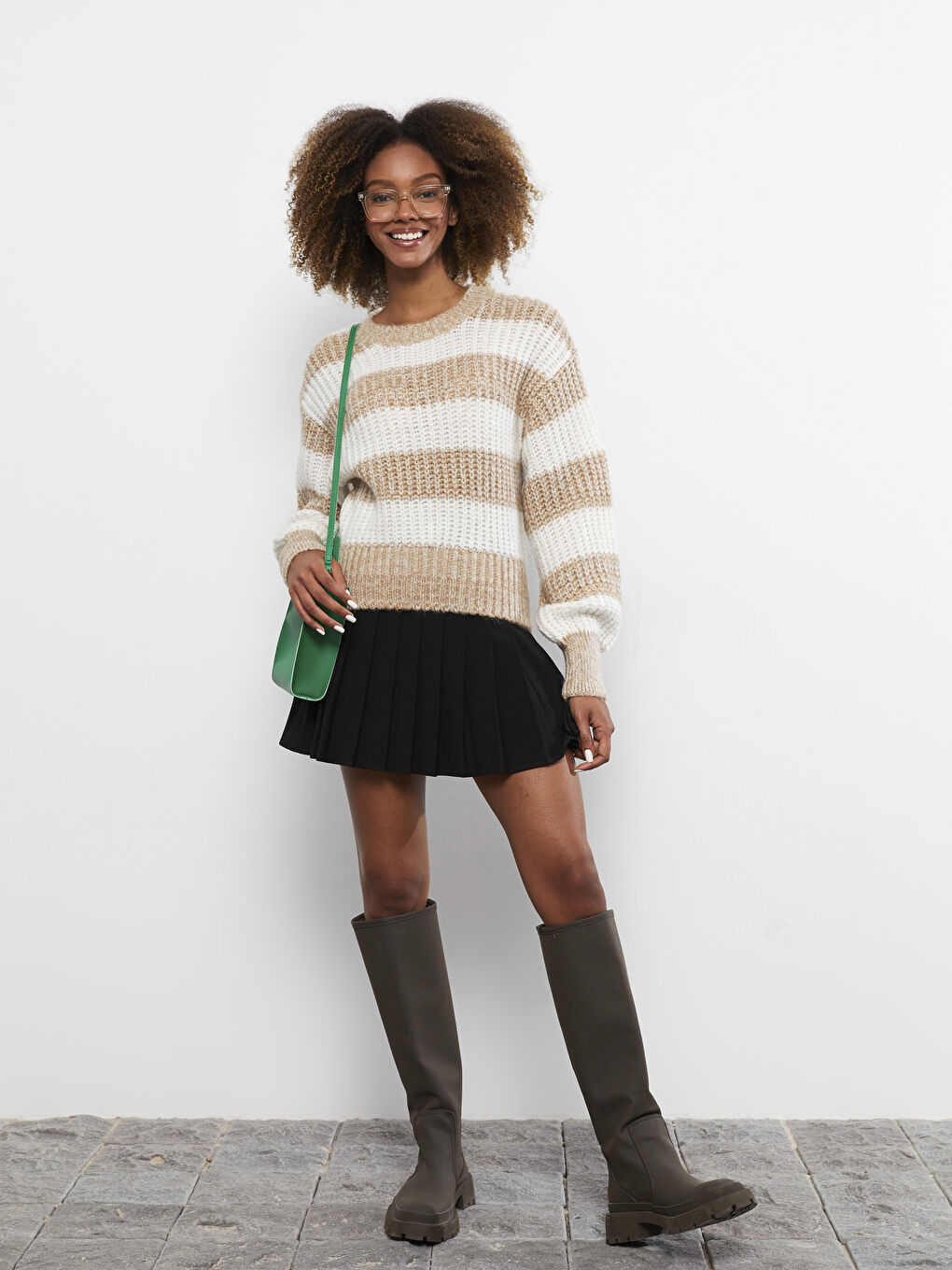 Bej Bisiklet Yaka Renk Bloklu Uzun Kollu Kadın Triko Kazak