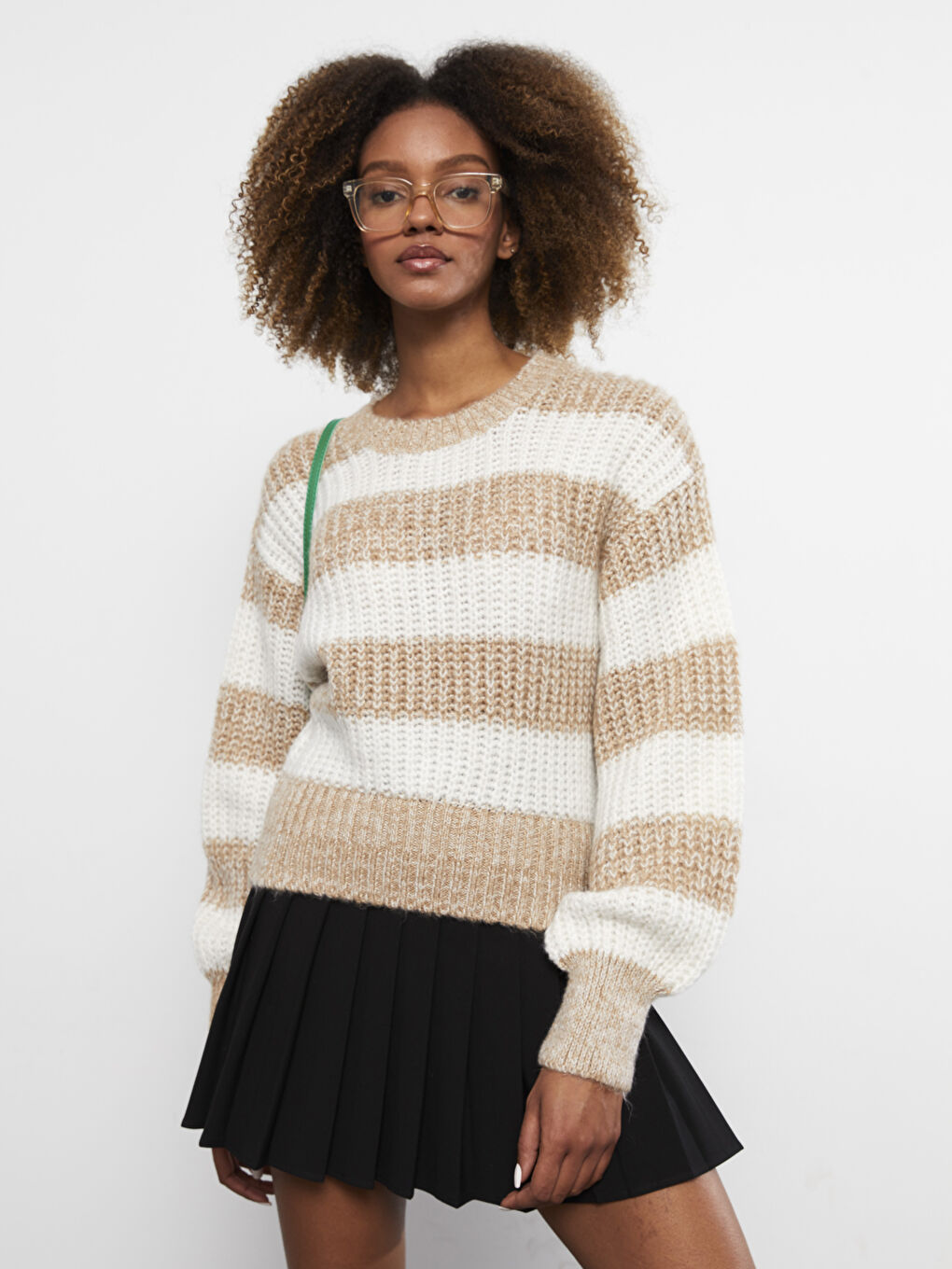 Bej Bisiklet Yaka Renk Bloklu Uzun Kollu Kadın Triko Kazak-1