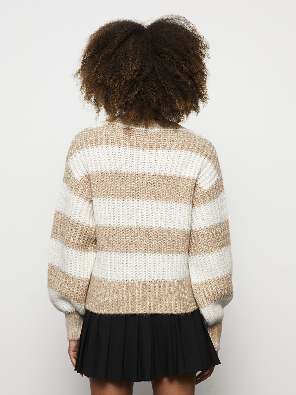 Bej Bisiklet Yaka Renk Bloklu Uzun Kollu Kadın Triko Kazak-4