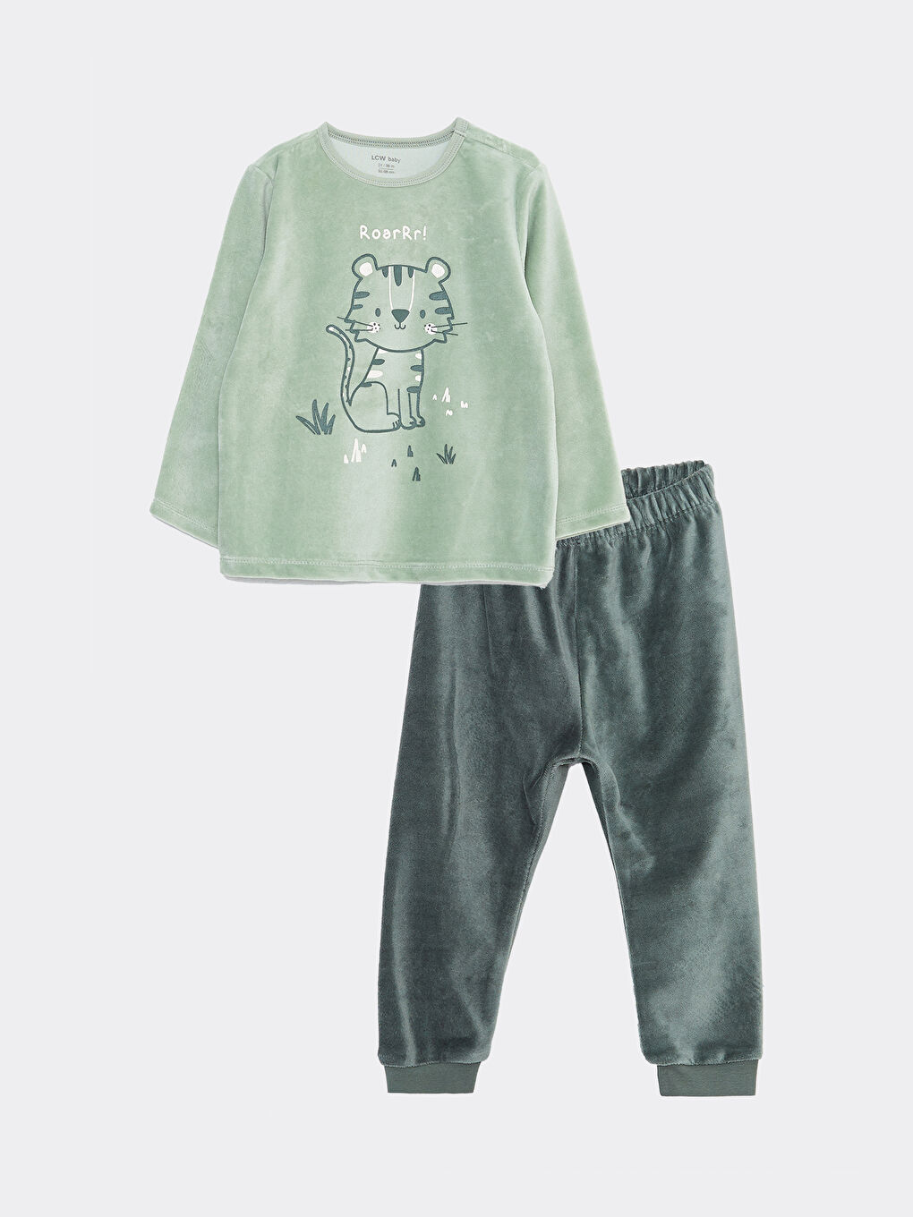 Yeşil Bisiklet Yaka Uzun Kollu Baskılı Erkek Bebek Kadife Pijama Takımı