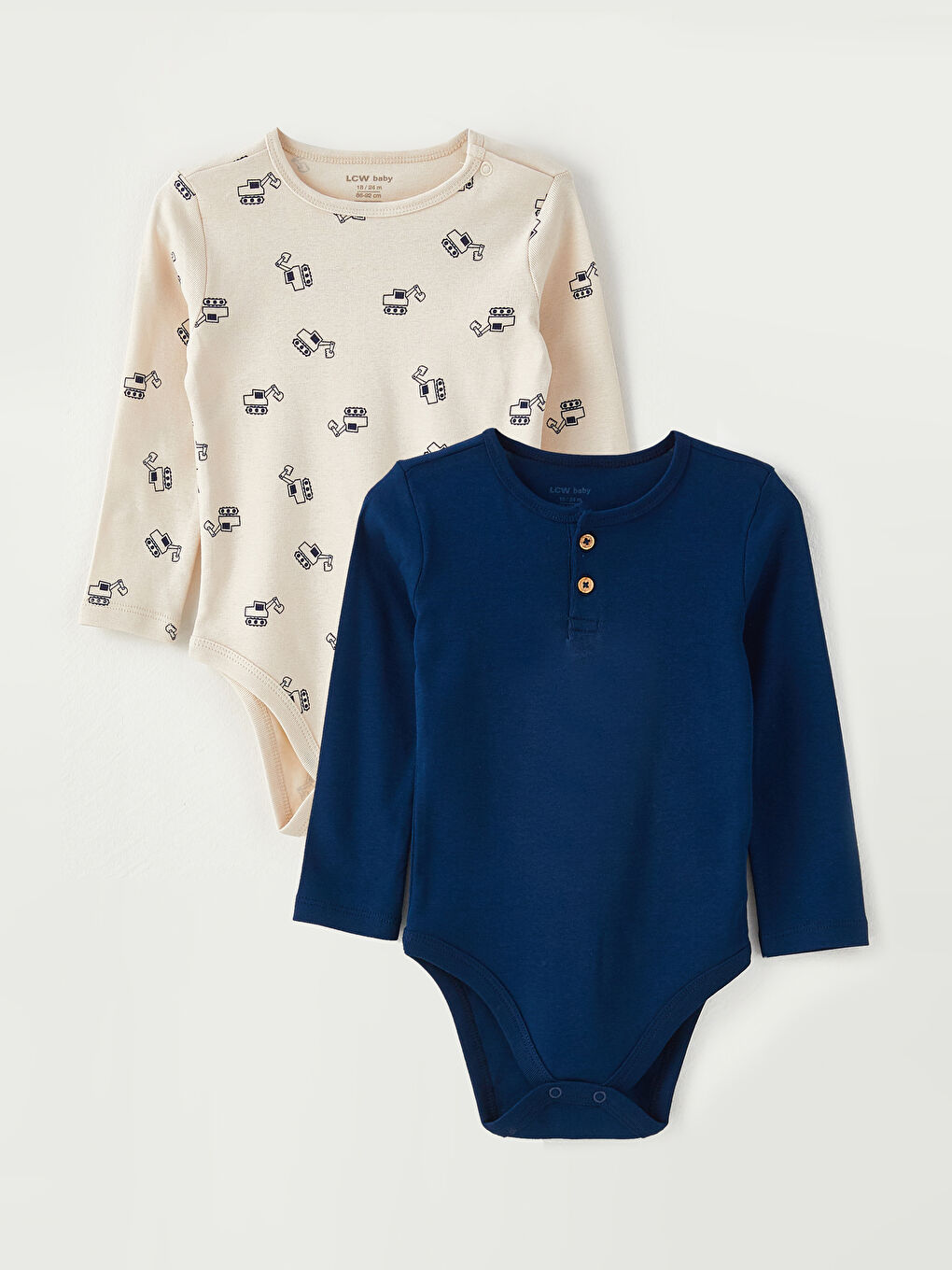 Lacivert Bisiklet Yaka Uzun Kollu Baskılı Erkek Bebek Çıtçıtlı Bodysuit  2'li