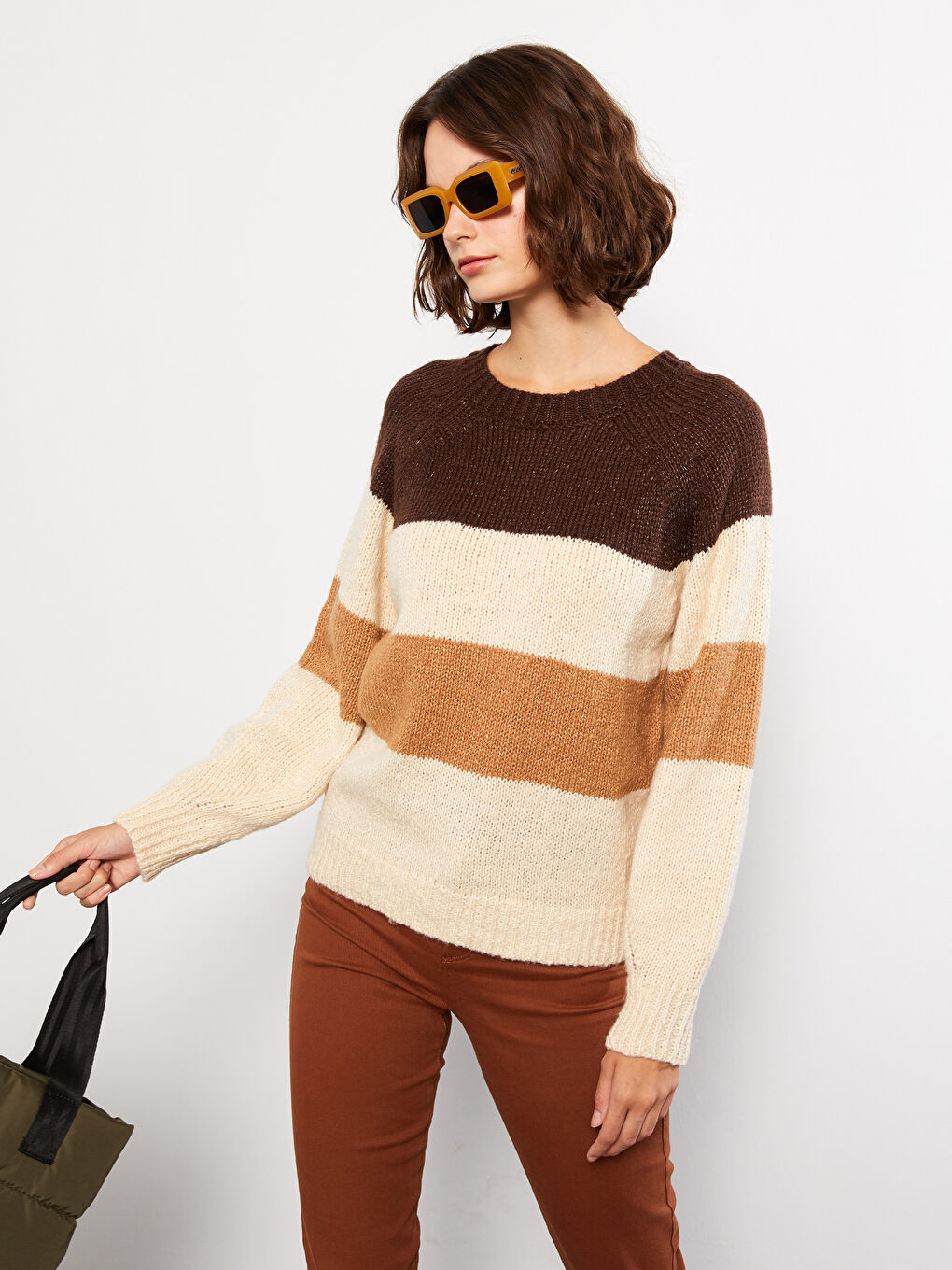 Pull-over en Tricot à Col Rond Bloc de Couleurs Manches Longues pour Femmes-1