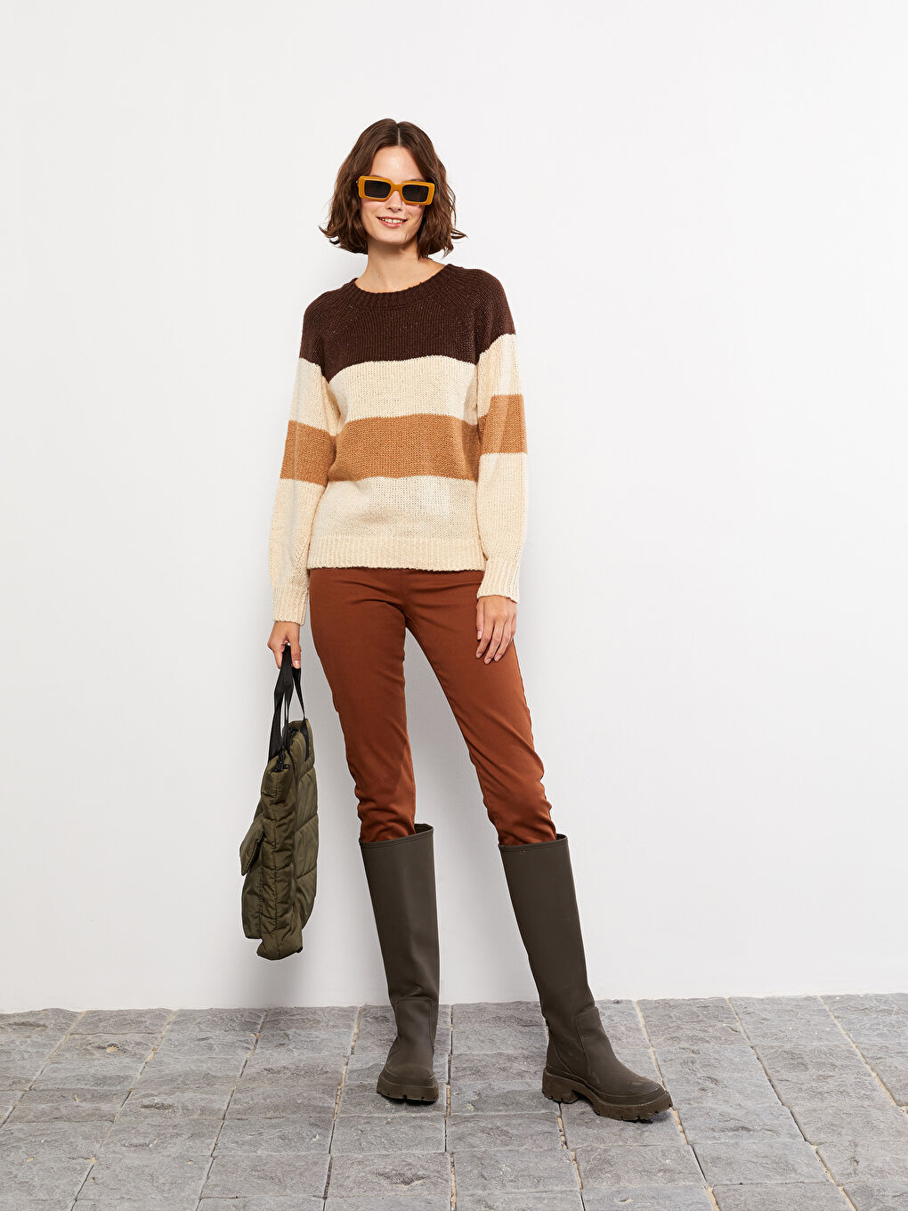 Pull-over en Tricot à Col Rond Bloc de Couleurs Manches Longues pour Femmes-2