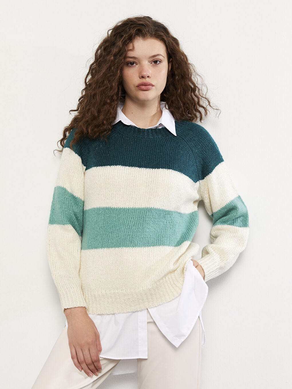 Rundhalsausschnitt Farbblock Langarm Strickpullover für Damen-1