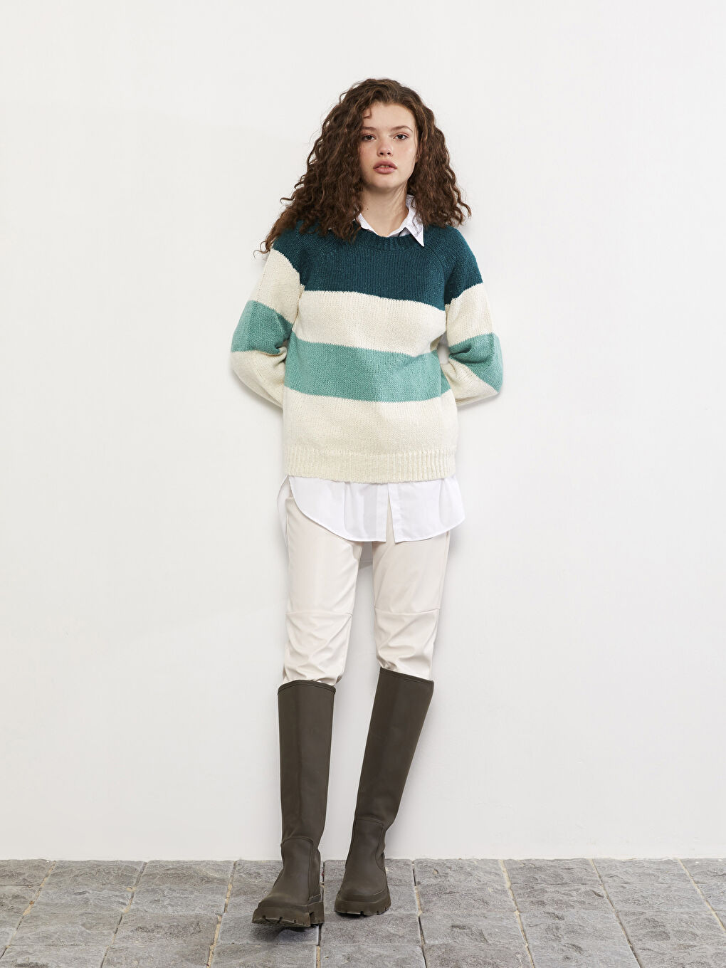 Rundhalsausschnitt Farbblock Langarm Strickpullover für Damen-2