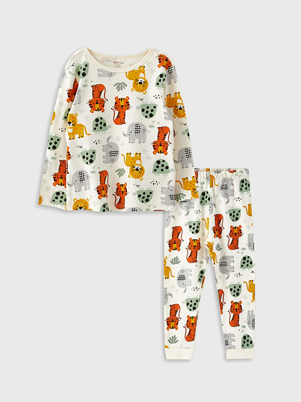 Ekru Bisiklet Yaka Uzun Kollu Baskılı Erkek Bebek Pijama Takım