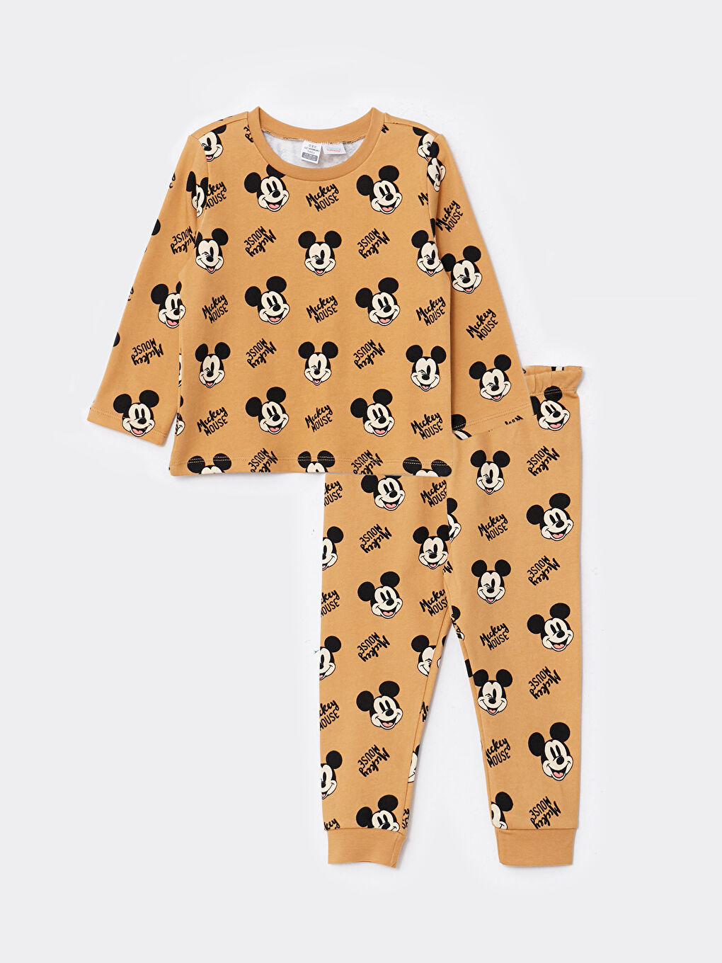 LCW baby Koyu Sarı Baskılı Bisiklet Yaka Uzun Kollu Mickey Mouse Baskılı Erkek Bebek Pijama Takımı