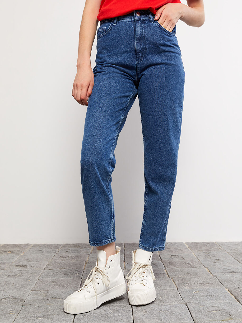 Kadın Yüksek Bel Mom Fit Düz Jean Pantolon-2