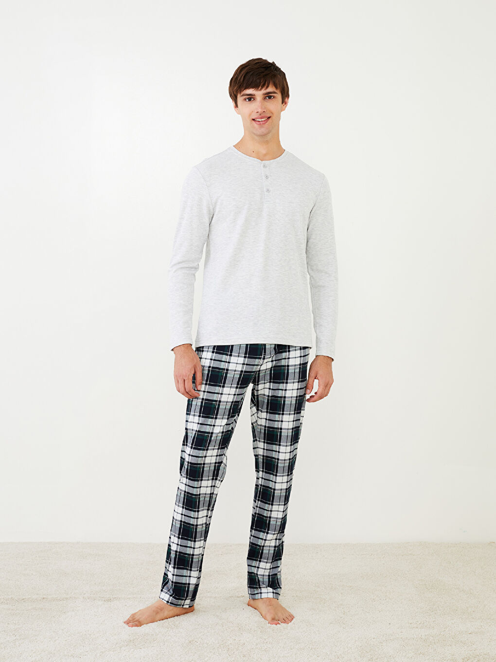 Bej Bisiklet Yaka Uzun Kollu Erkek Pijama Üst-1