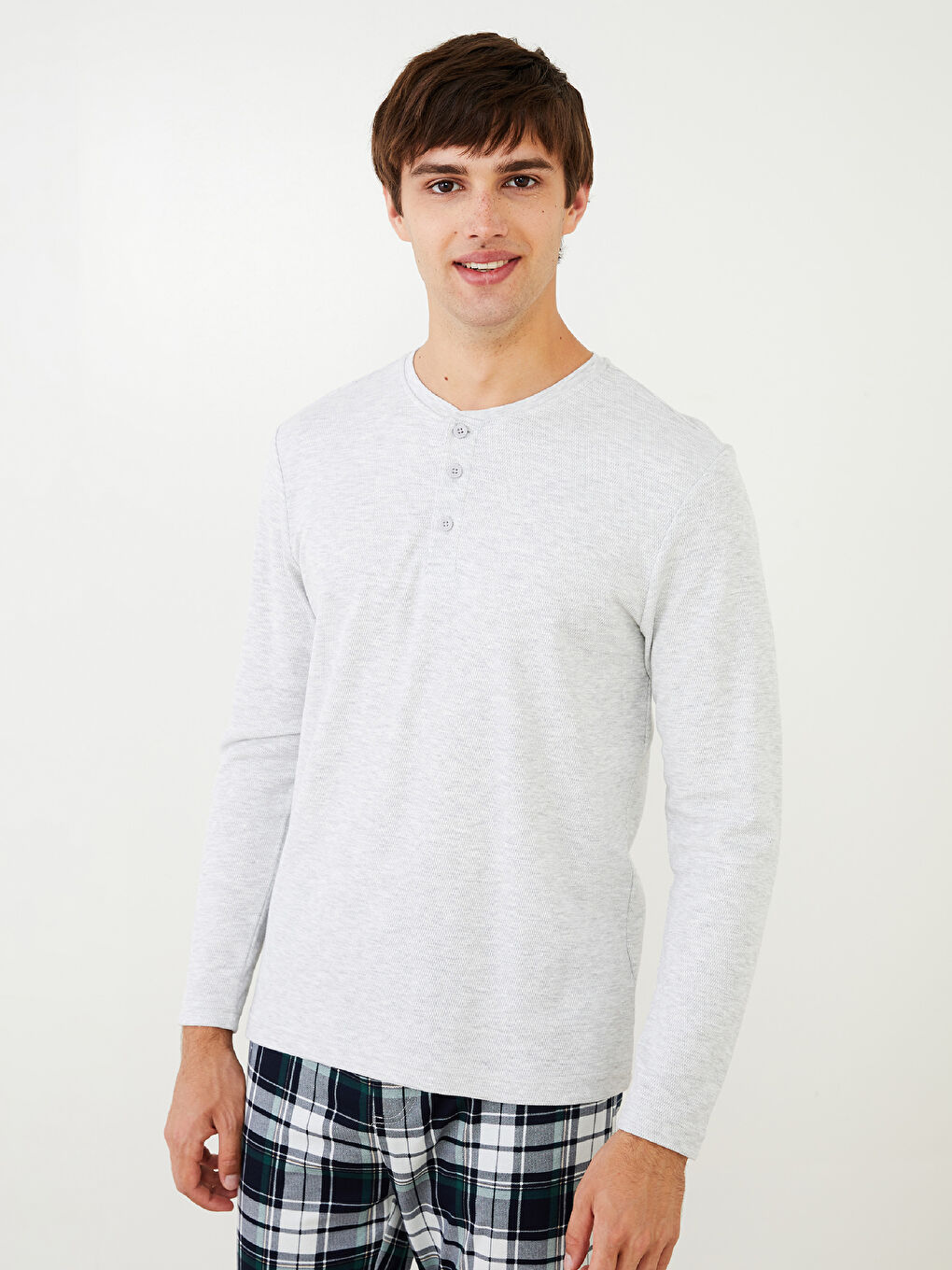 Bej Bisiklet Yaka Uzun Kollu Erkek Pijama Üst-2