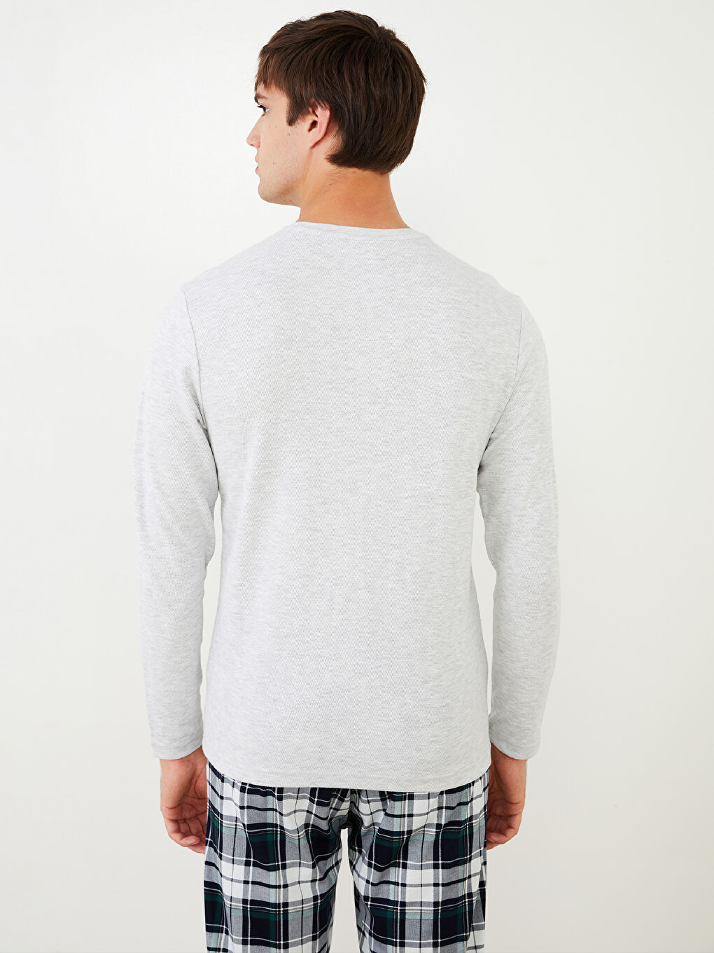 Bej Bisiklet Yaka Uzun Kollu Erkek Pijama Üst-4