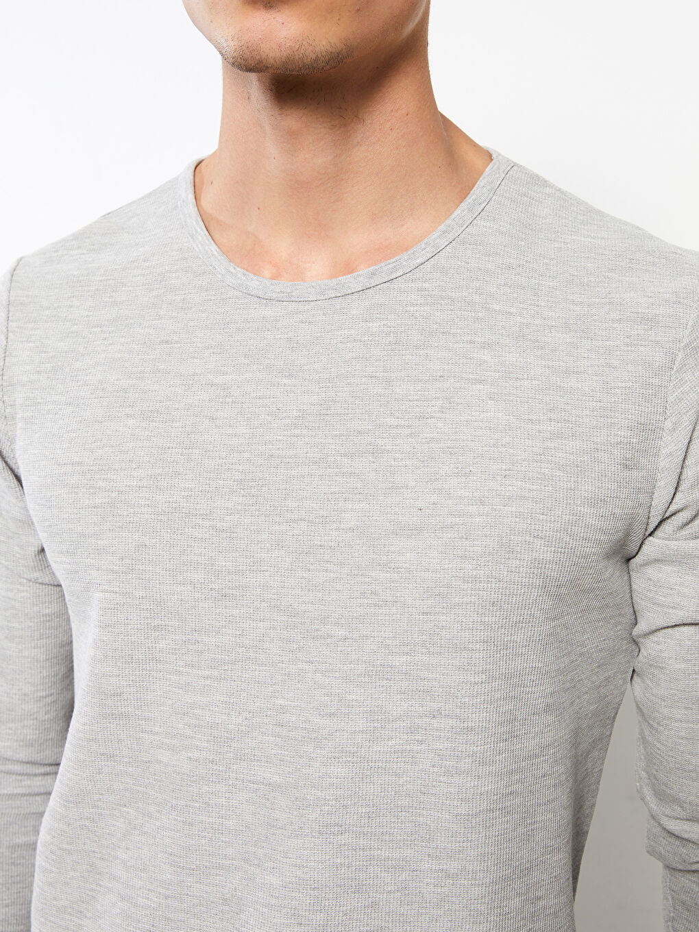 Gri Bisiklet Yaka Uzun Kollu Erkek Pijama Üst-3