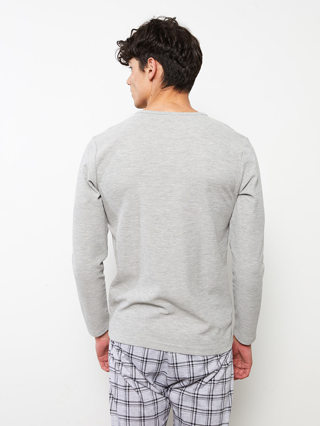 Gri Bisiklet Yaka Uzun Kollu Erkek Pijama Üst-4