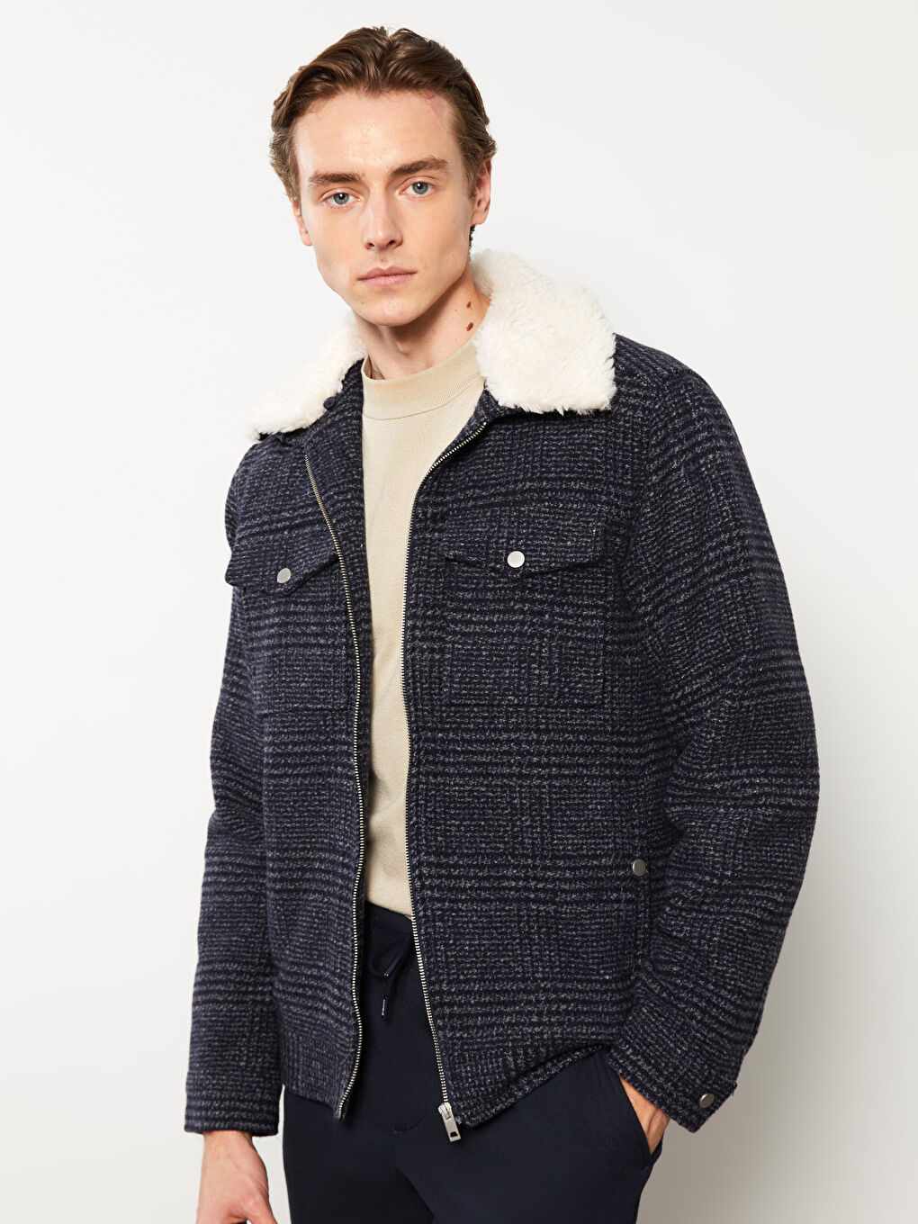 Lacivert Slim fit Gömlek Yaka Erkek Kaşe Kaban