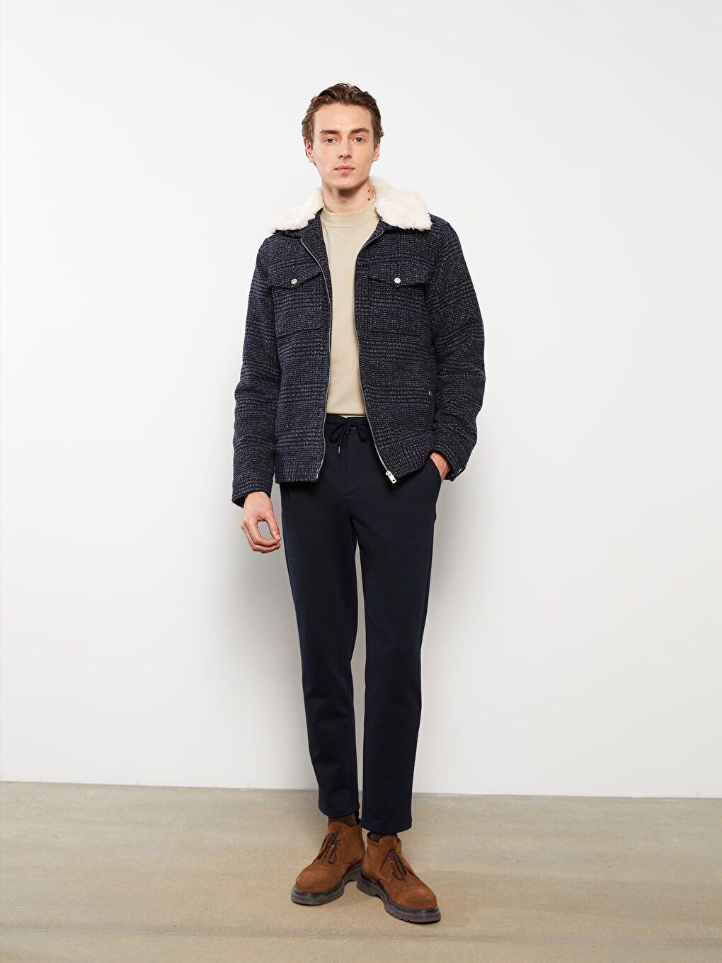 Lacivert Slim fit Gömlek Yaka Erkek Kaşe Kaban-1