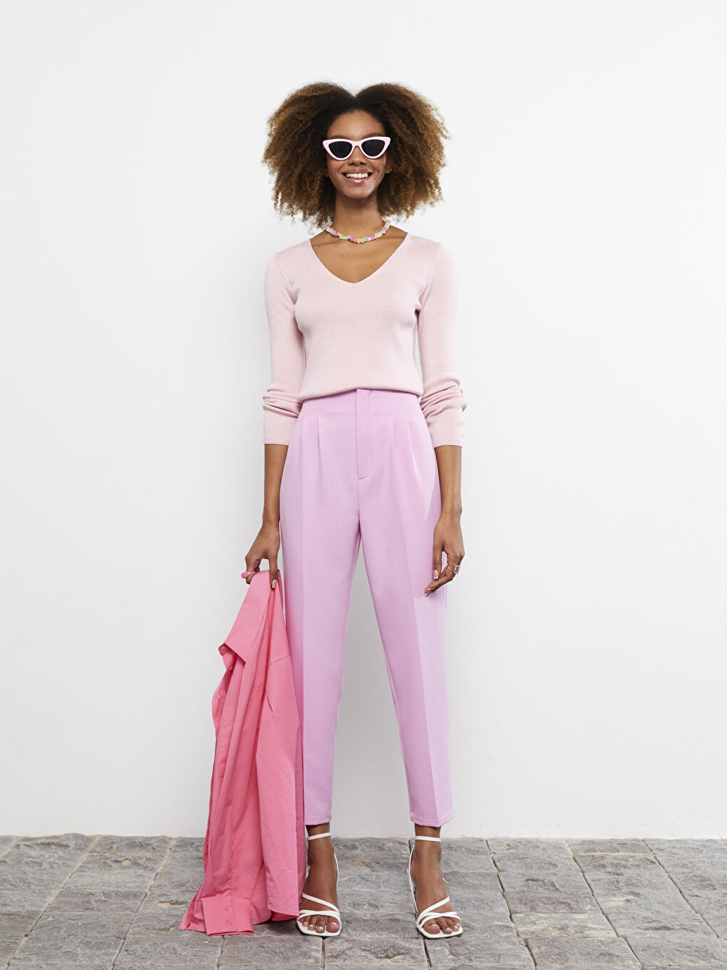 Pembe V Yaka Düz Uzun Kollu Kadın Triko Kazak