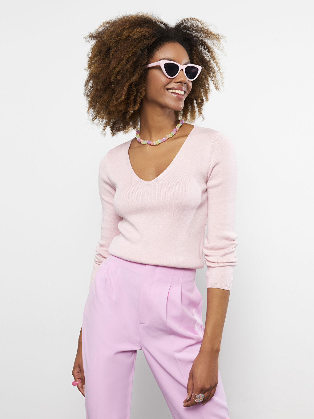 Pembe V Yaka Düz Uzun Kollu Kadın Triko Kazak-1