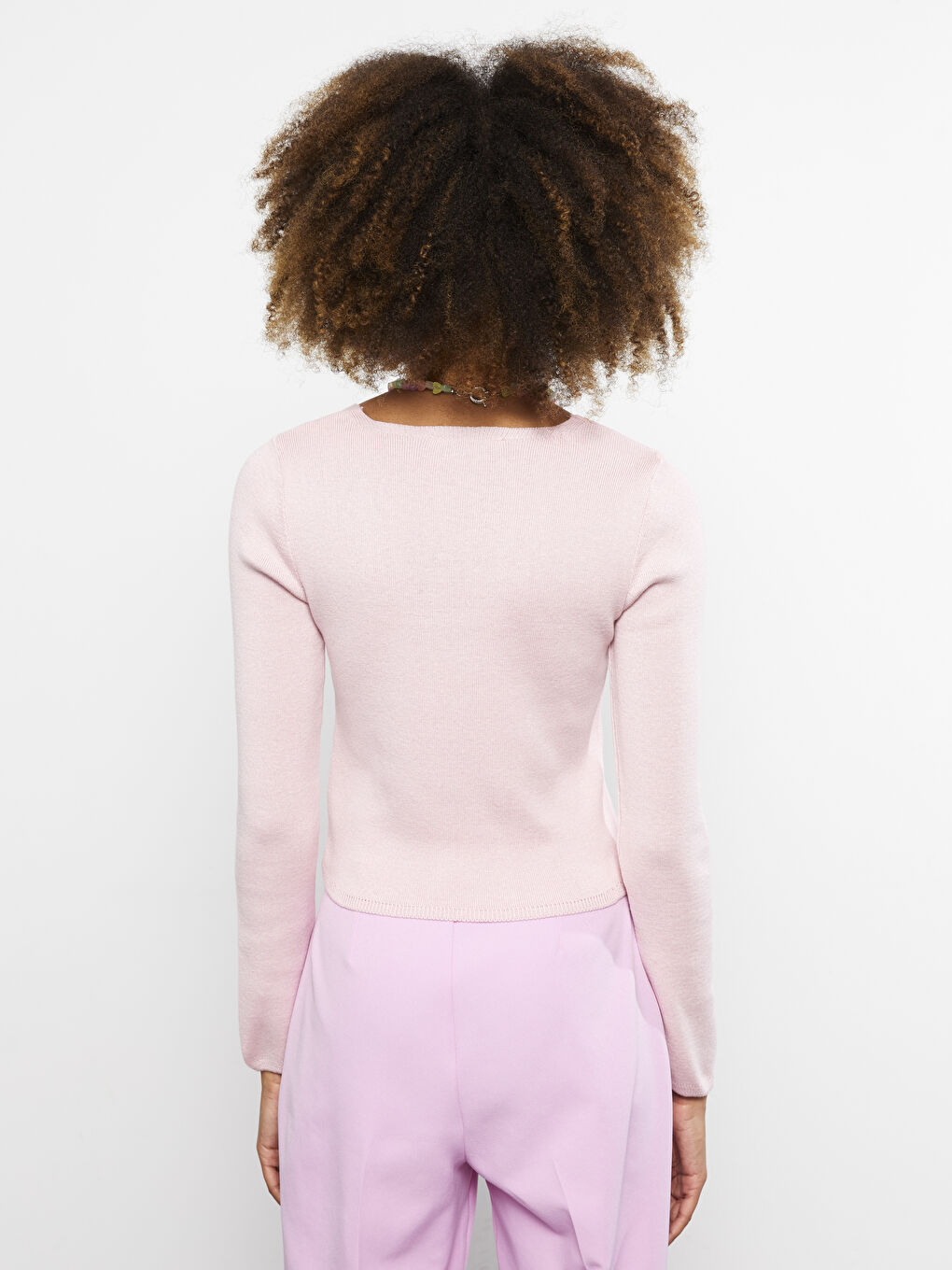 Pembe V Yaka Düz Uzun Kollu Kadın Triko Kazak-4