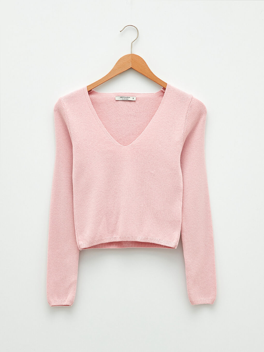 Pembe V Yaka Düz Uzun Kollu Kadın Triko Kazak-5