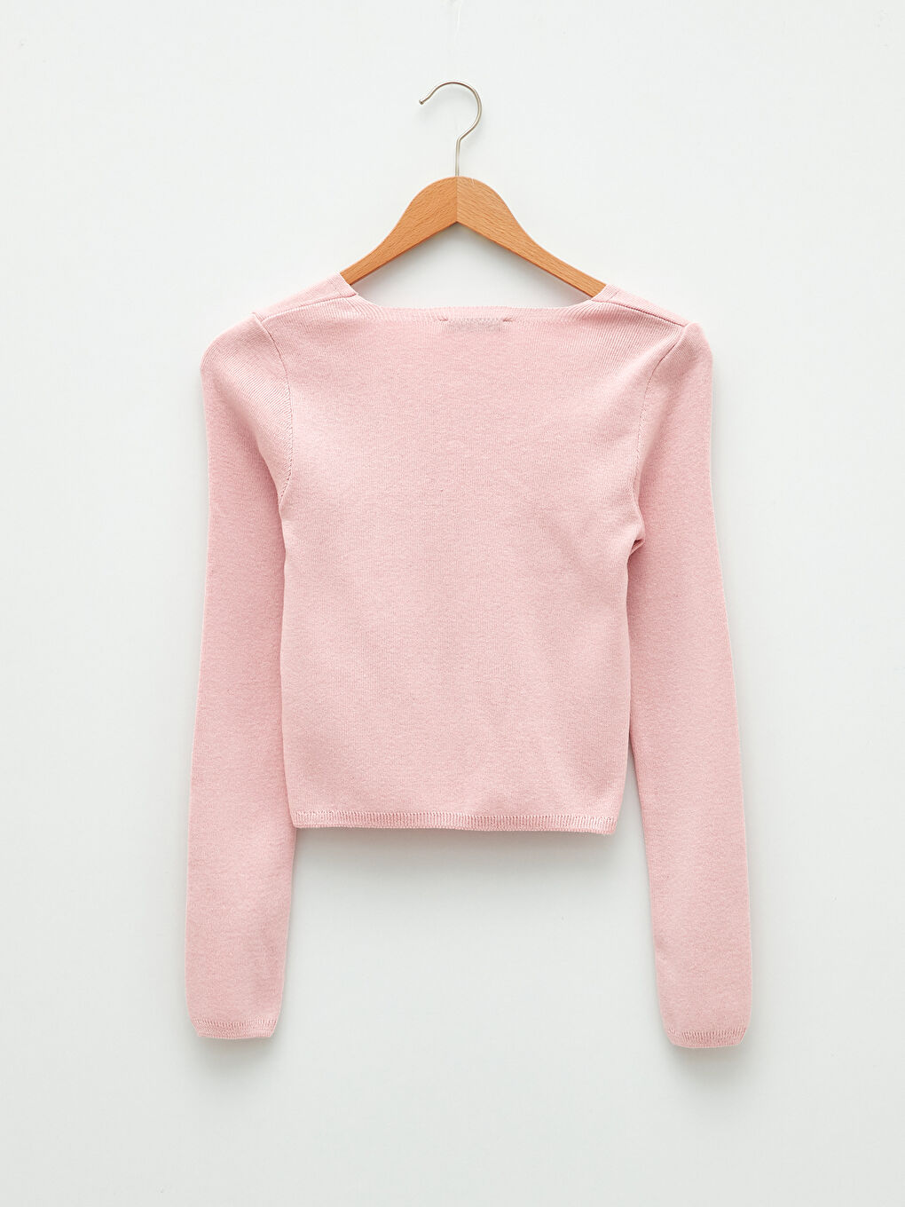 Pembe V Yaka Düz Uzun Kollu Kadın Triko Kazak-6