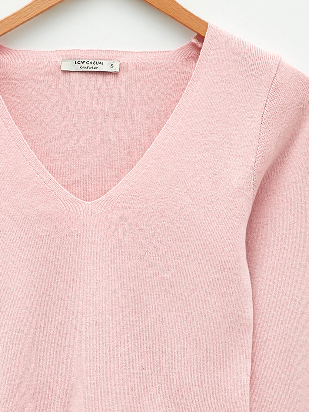 Pembe V Yaka Düz Uzun Kollu Kadın Triko Kazak-7