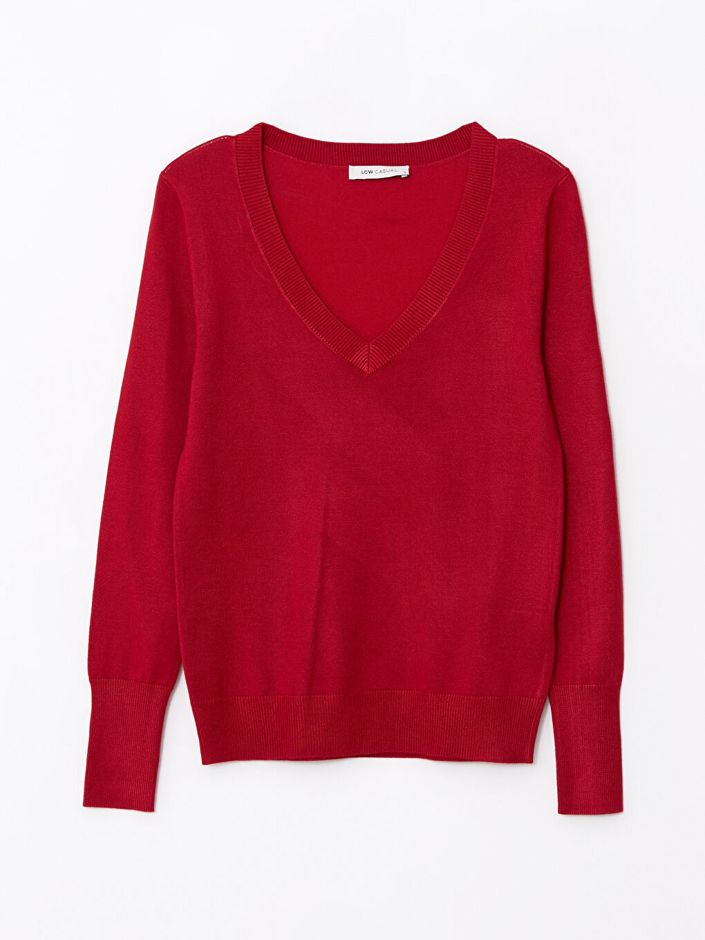 Kırmızı V Yaka Düz Uzun Kollu Kadın Triko Kazak-4
