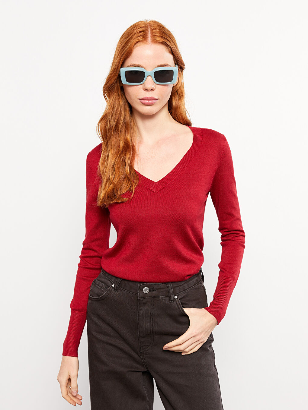 Kırmızı V Yaka Düz Uzun Kollu Kadın Triko Kazak