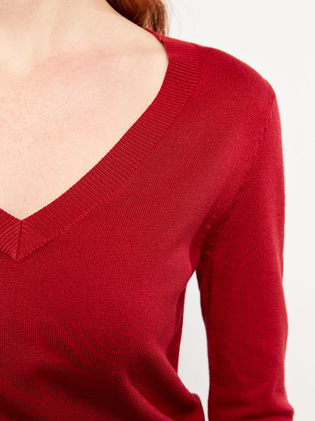 Kırmızı V Yaka Düz Uzun Kollu Kadın Triko Kazak-2