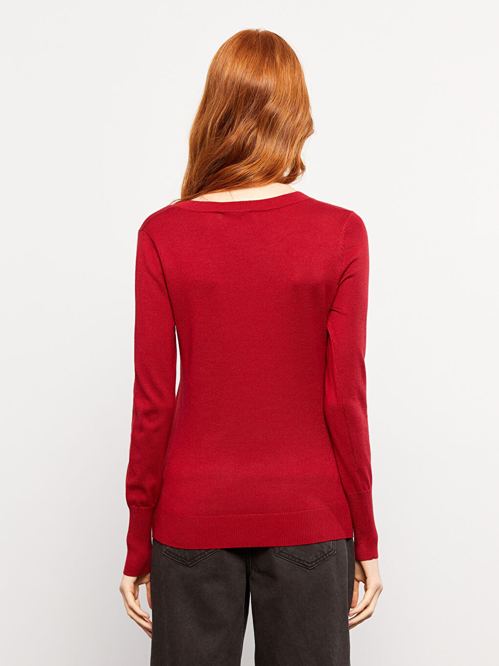 Kırmızı V Yaka Düz Uzun Kollu Kadın Triko Kazak-3