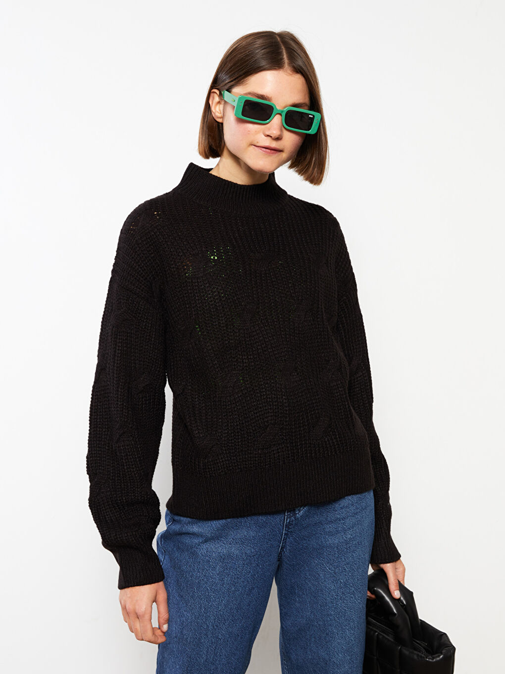 Half Turtleneck Self Patterned Long Sleeve Women's Tricot Sweater-1