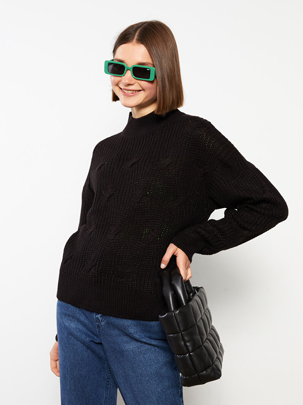 Half Turtleneck Self Patterned Long Sleeve Women's Tricot Sweater-2