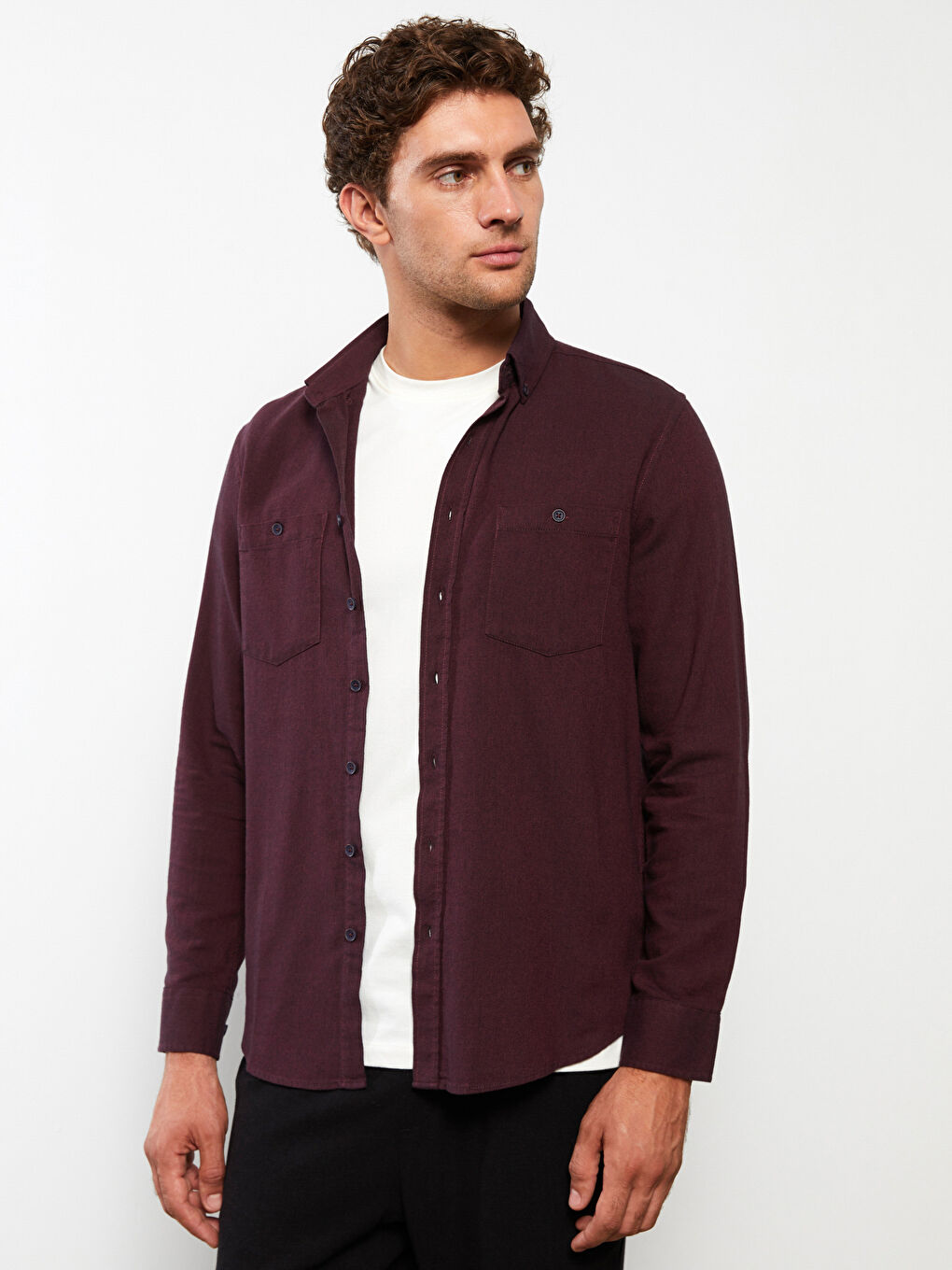 قميص رجالي كم طويل بقصة عادية من قماش الجبردين