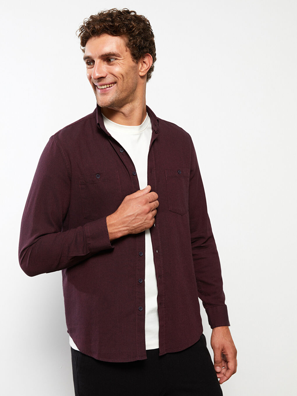 قميص رجالي كم طويل بقصة عادية من قماش الجبردين-2