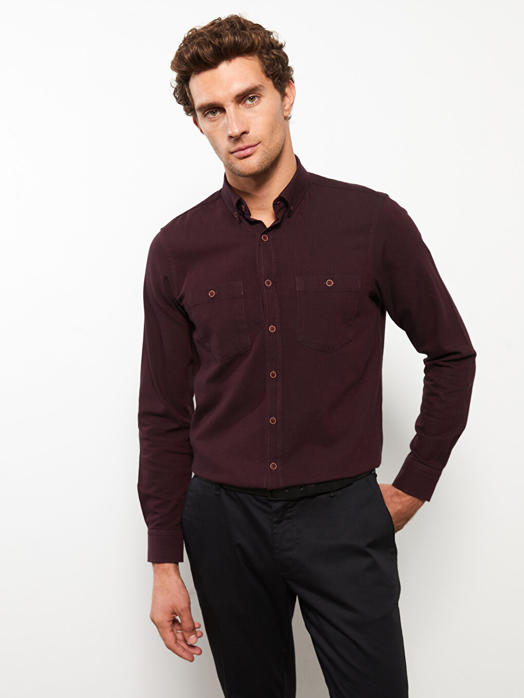 Bordo Regular Fit Uzun Kollu Gabardin Erkek Gömlek-1