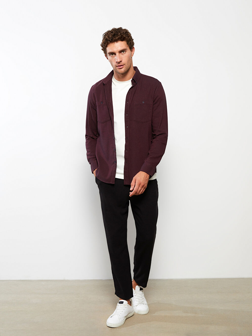 قميص رجالي كم طويل بقصة عادية من قماش الجبردين-1