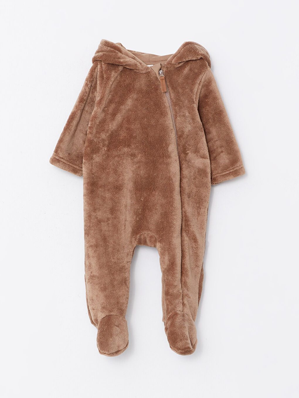 Kahverengi Kapüşonlu Uzun Kollu Erkek Bebek Pelüş Tulum