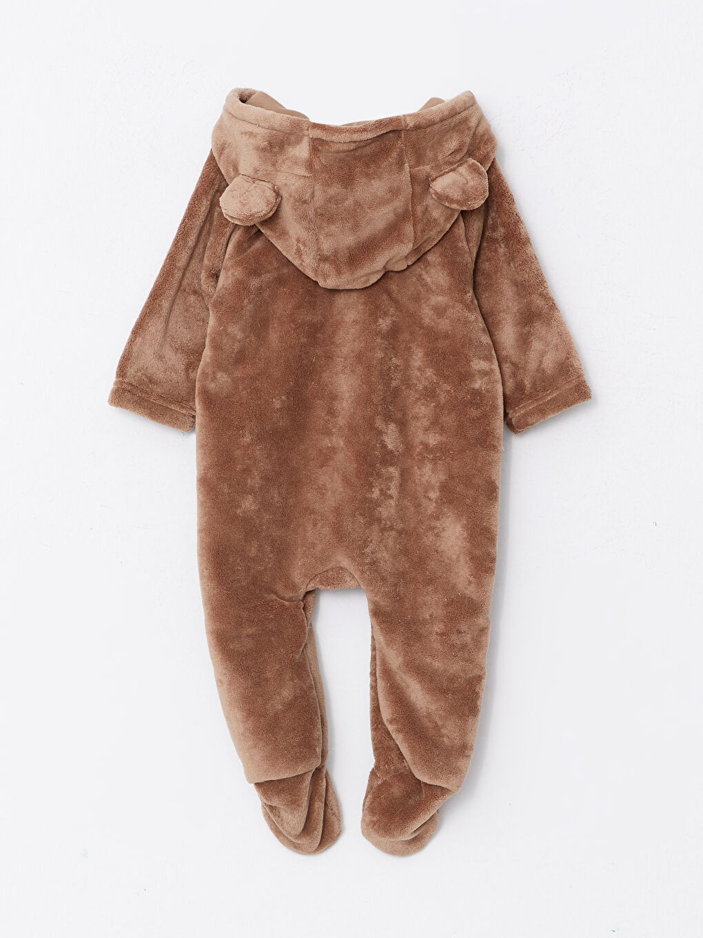 Kahverengi Kapüşonlu Uzun Kollu Erkek Bebek Pelüş Tulum-1