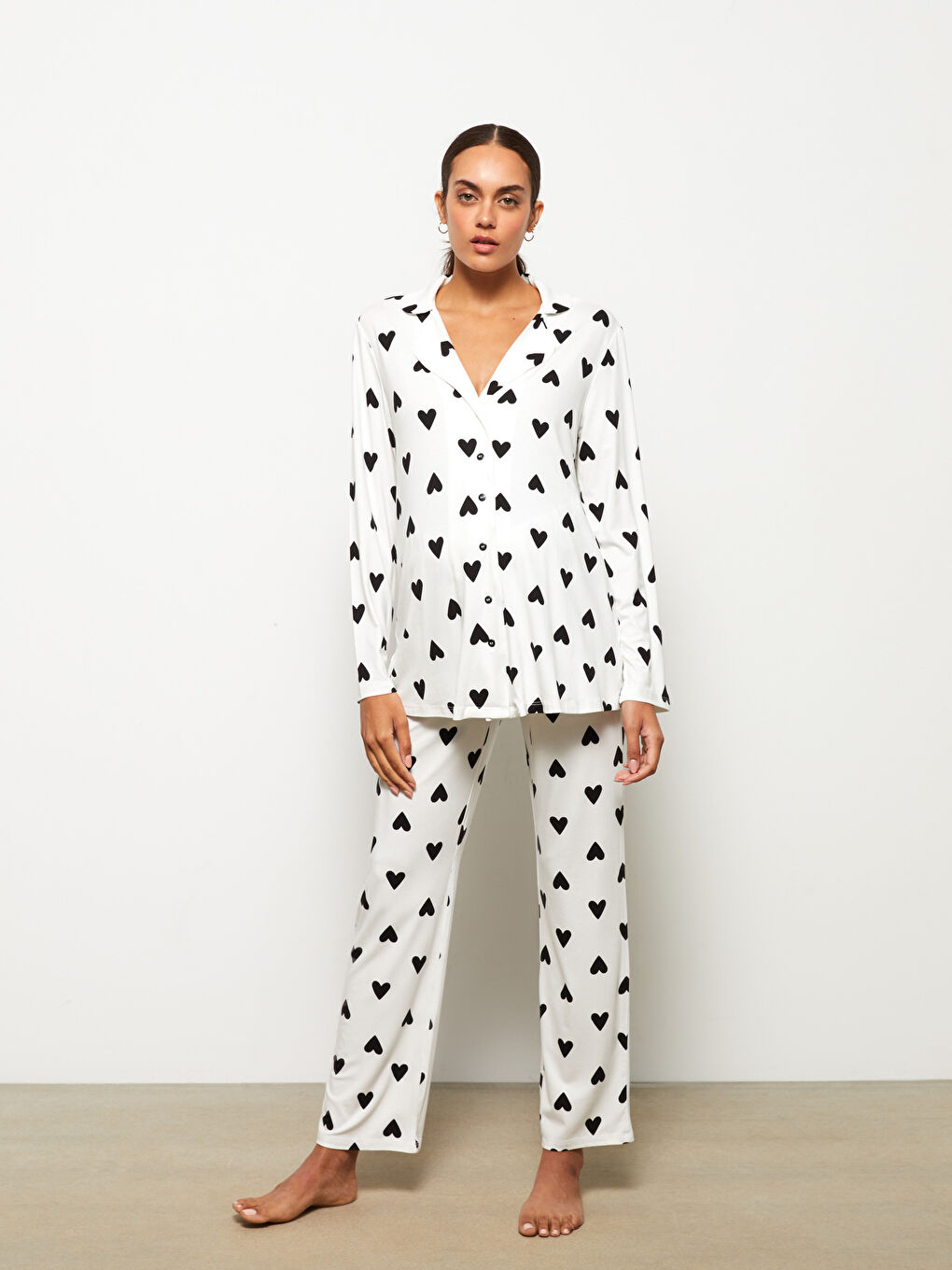 Ekru Gömlek Yaka Desenli Hamile Pijama Takımı-1