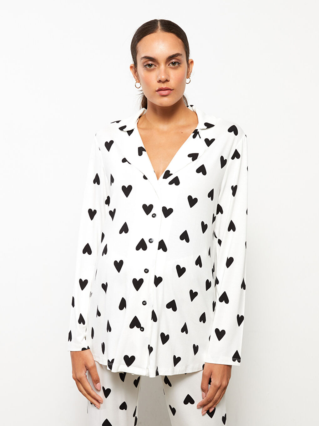 Ekru Gömlek Yaka Desenli Hamile Pijama Takımı-2