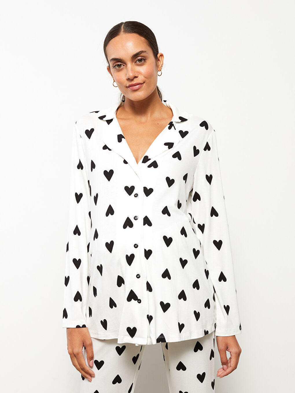 Ekru Gömlek Yaka Desenli Hamile Pijama Takımı-3