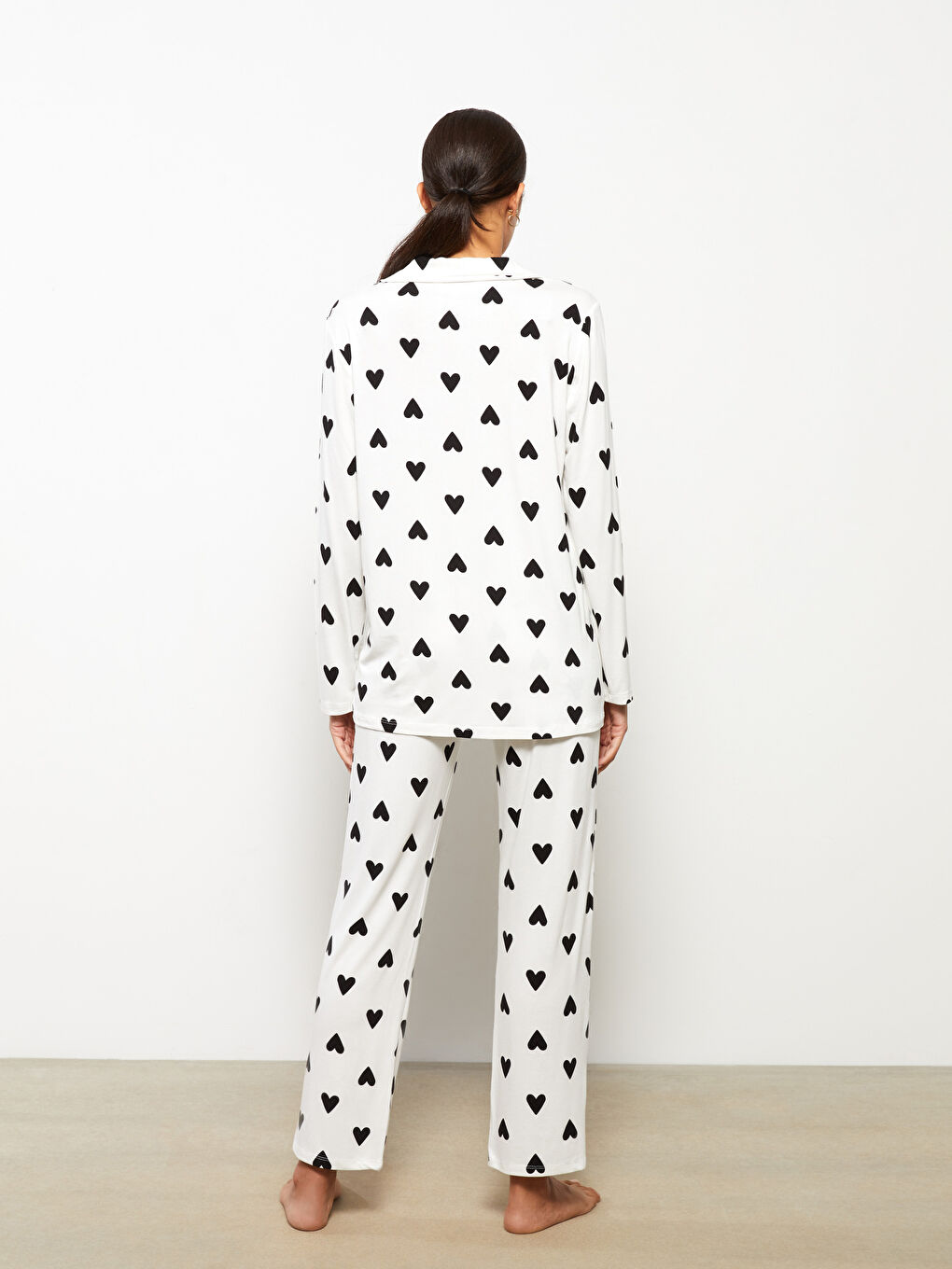 Ekru Gömlek Yaka Desenli Hamile Pijama Takımı-5