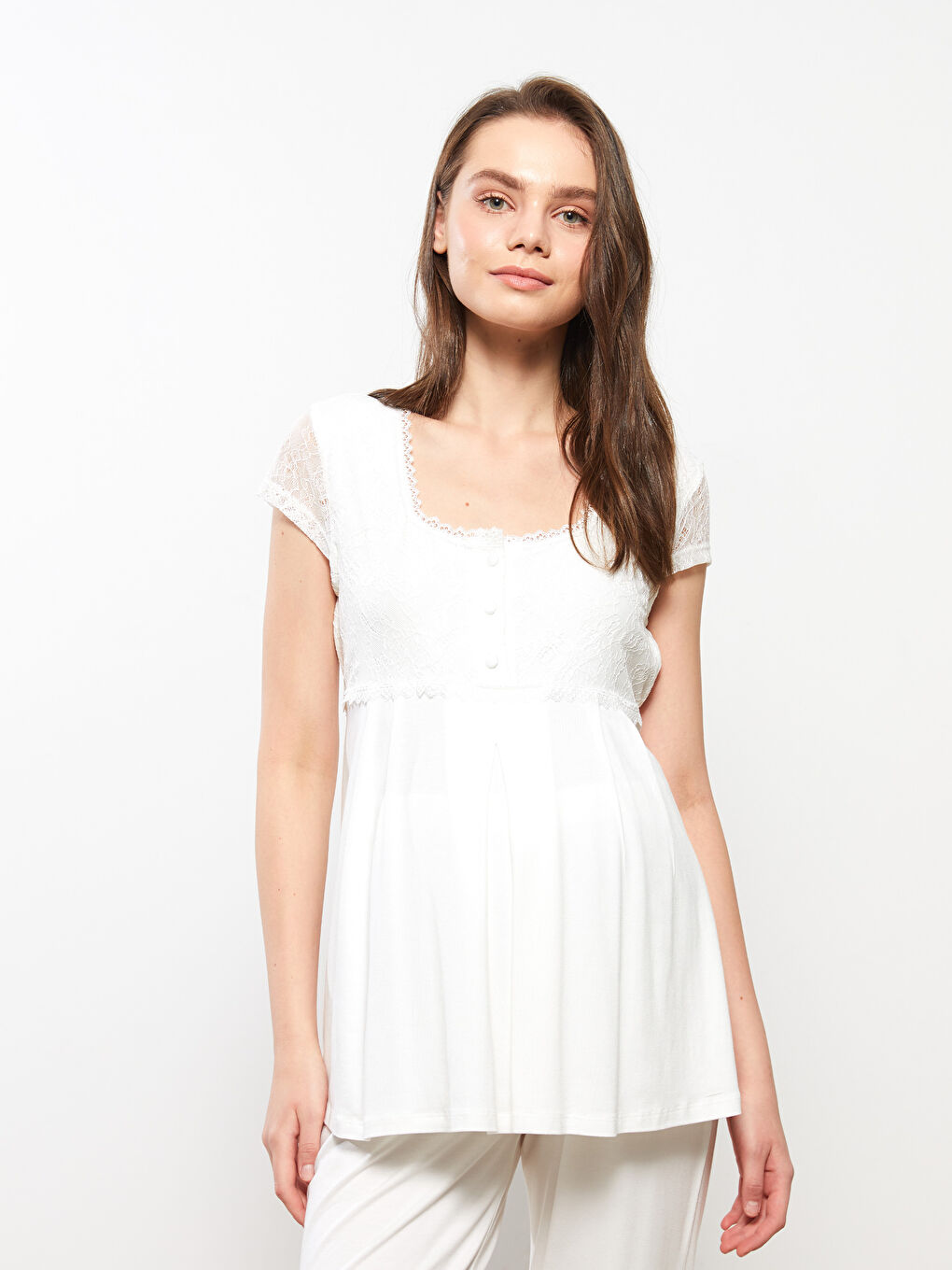 Ekru Kare Yaka Nakışlı Kısa Kollu Hamile Pijama Takımı-2