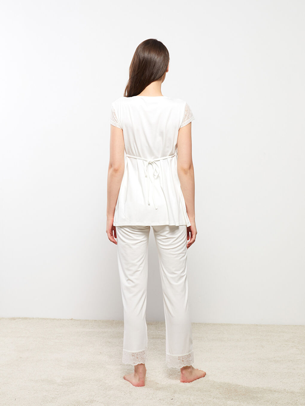 Ekru Kare Yaka Nakışlı Kısa Kollu Hamile Pijama Takımı-4