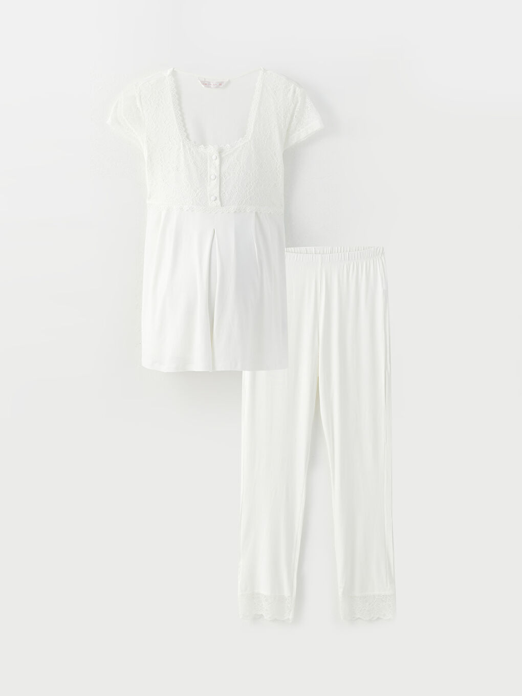 Ekru Kare Yaka Nakışlı Kısa Kollu Hamile Pijama Takımı-5