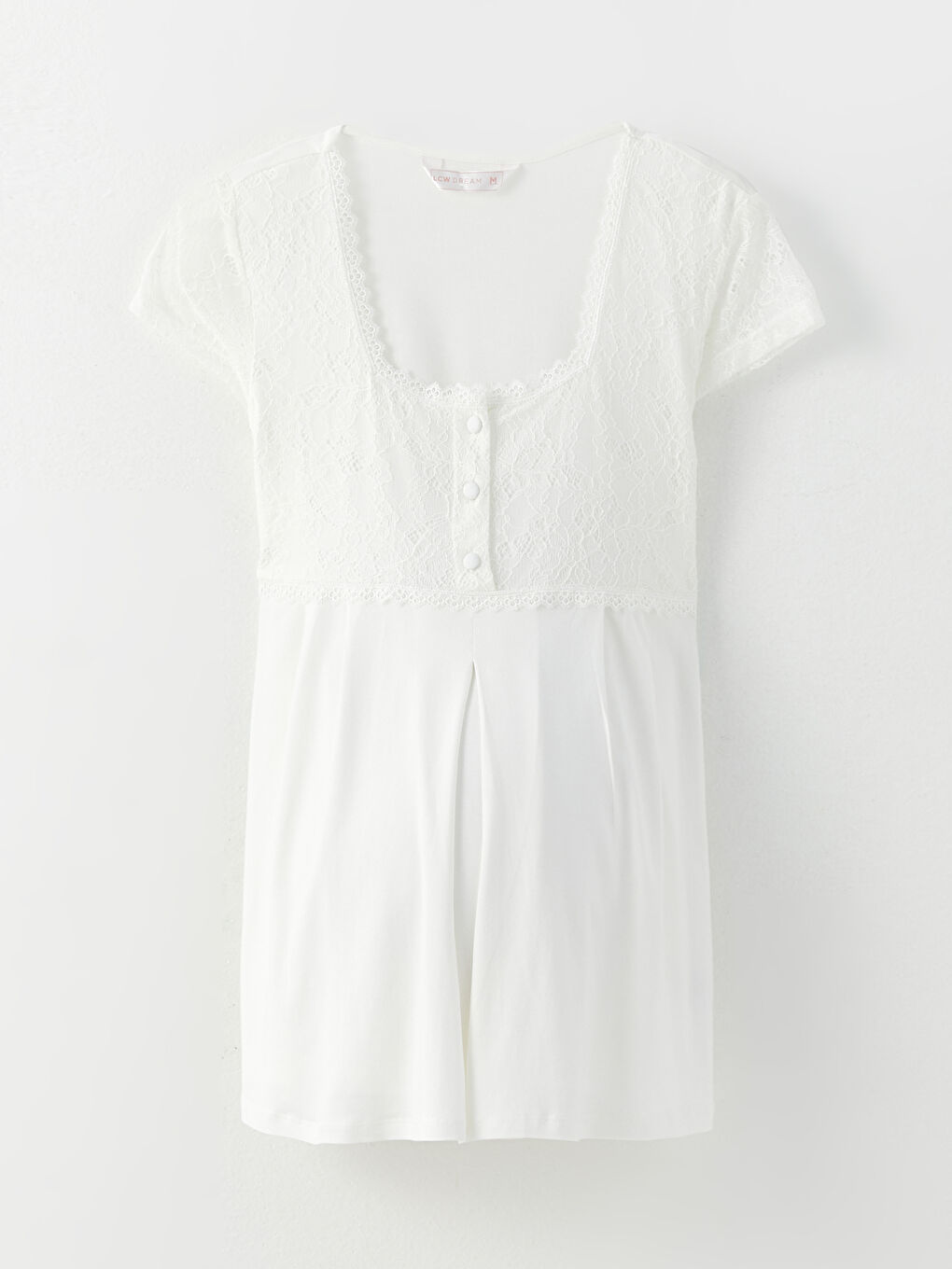 Ekru Kare Yaka Nakışlı Kısa Kollu Hamile Pijama Takımı-6