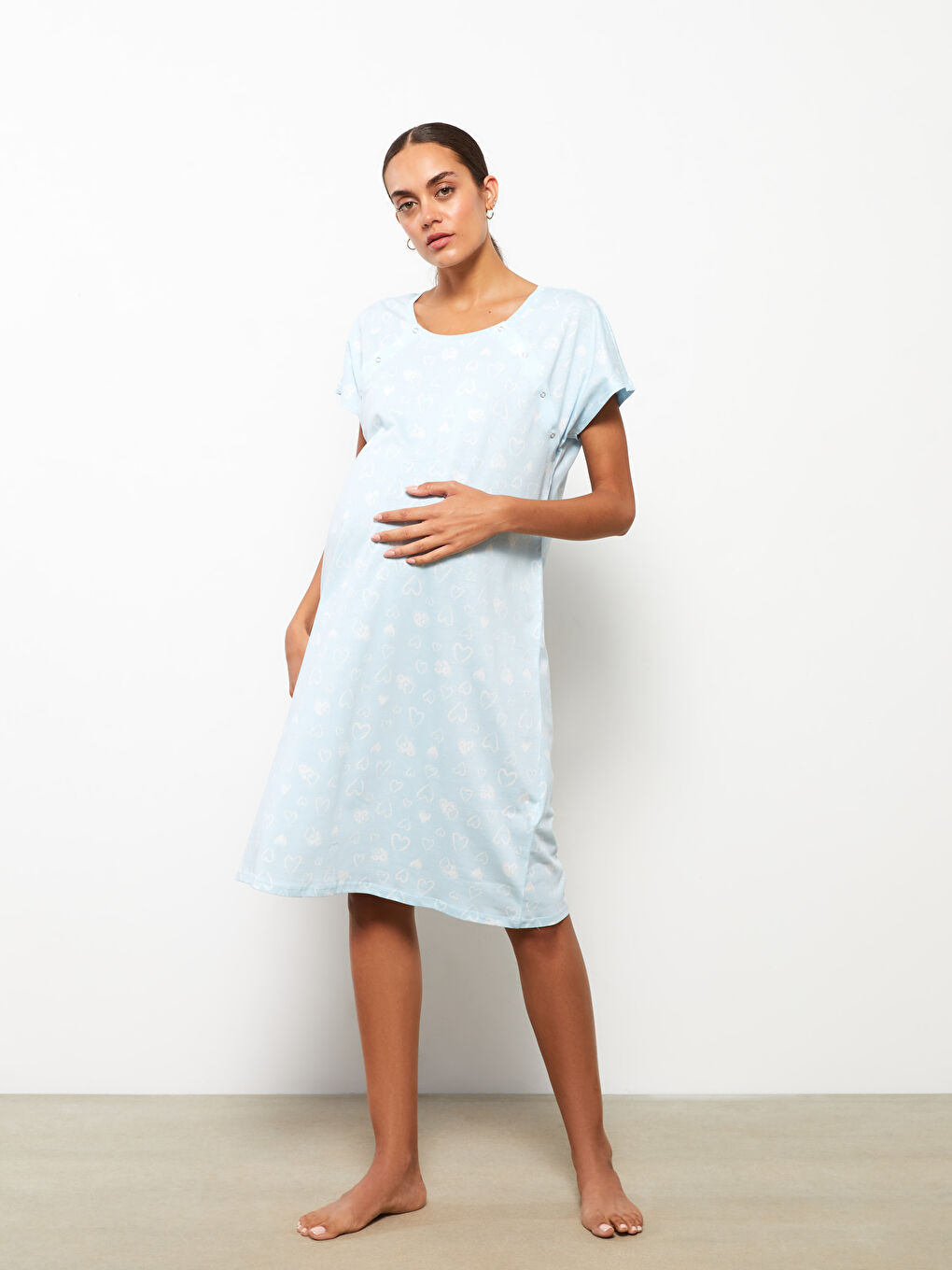 Mavi Bisiklet Yaka Desenli Kısa Kollu Pamuklu Hamile Gecelik-1