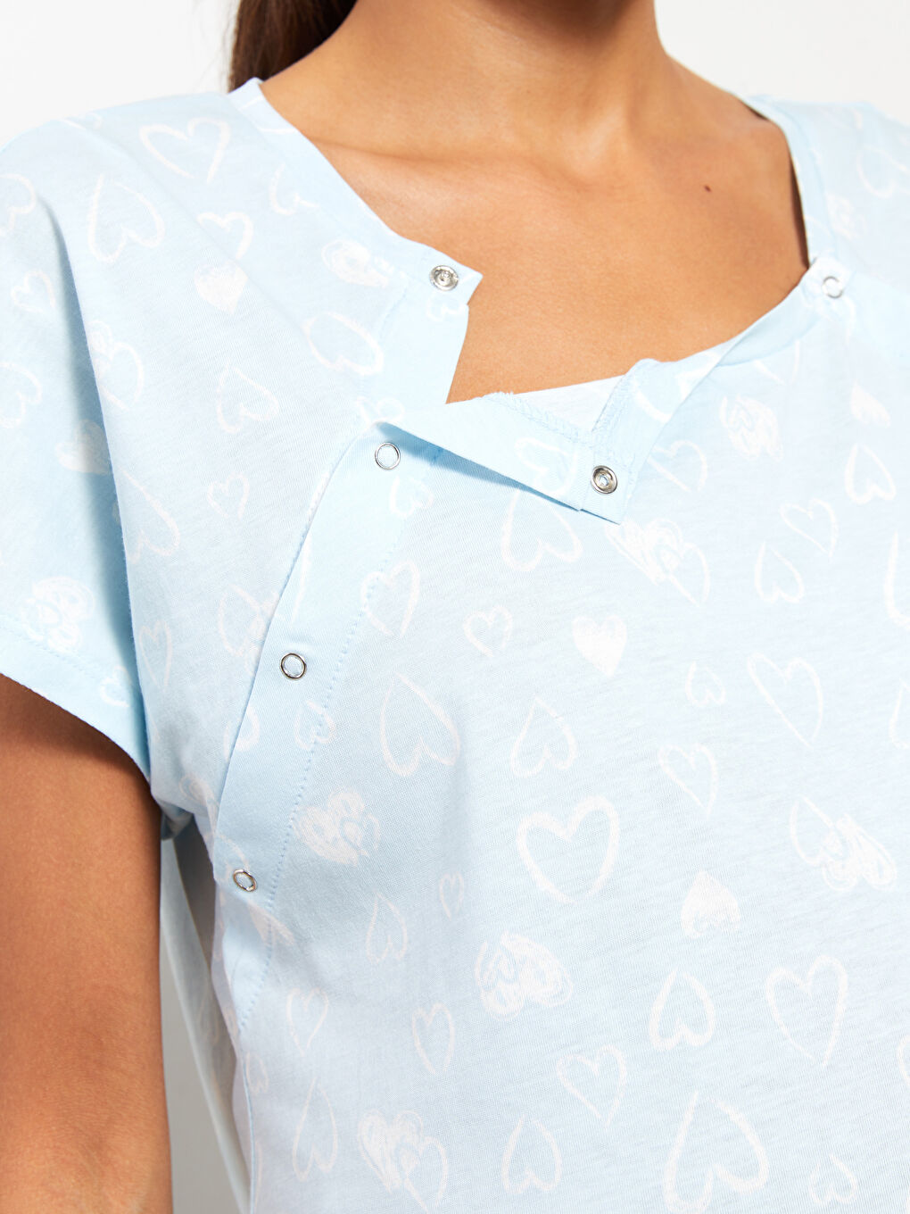 Mavi Bisiklet Yaka Desenli Kısa Kollu Pamuklu Hamile Gecelik-2