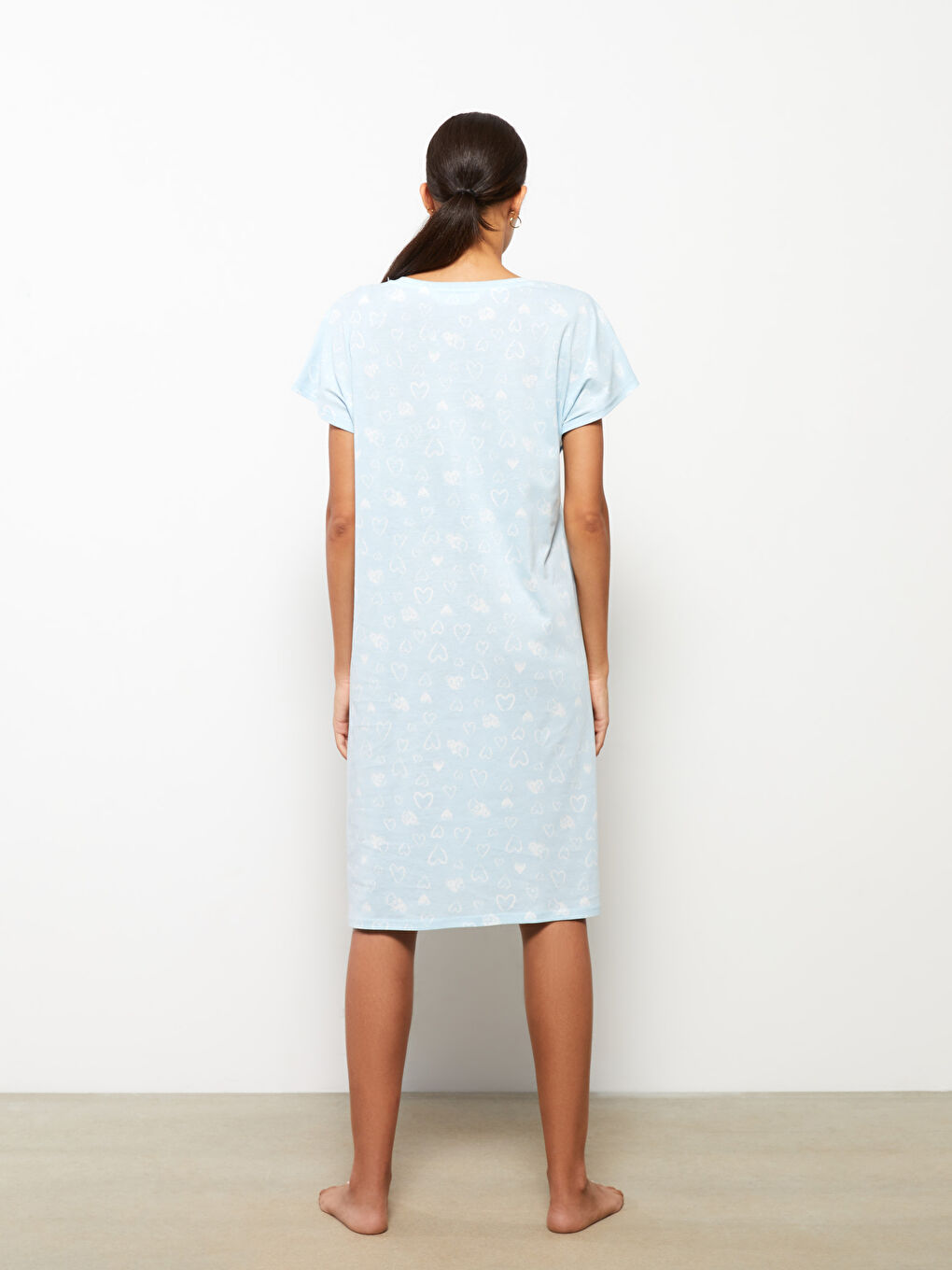 Mavi Bisiklet Yaka Desenli Kısa Kollu Pamuklu Hamile Gecelik-3