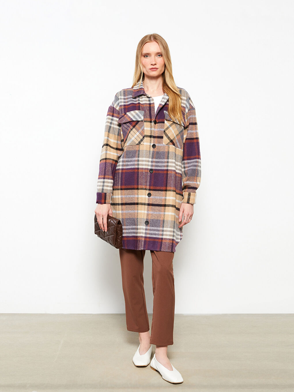 ORBボタンラブ襟 JK & ライディング SK GrayWhiteストライプ LCWAIKIKI Classic Buttoned Plaid Long Sleeve Gabardine