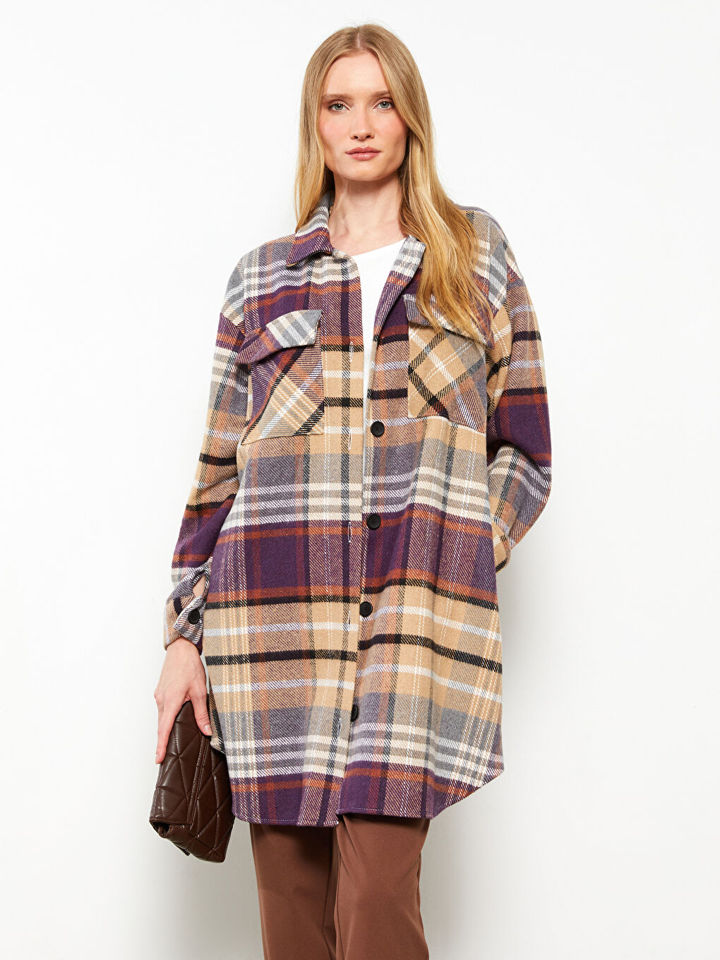 Mor Önden Düğme Kapamalı Ekose Uzun Kollu Gabardin Kadın Gömlek Ceket-2